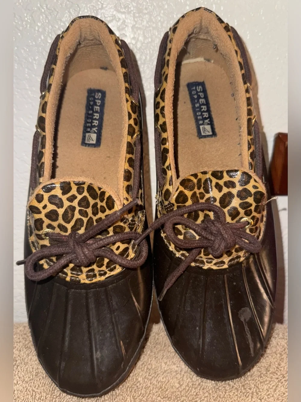 Sperry Black Duck Boots with Leopard Trim and Brown Sole